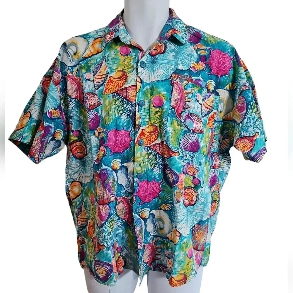 International Male Men’s L Hawaiian Shirt Blue Shell Print 90s Coastal Retro HTF - Picture 2 of 6